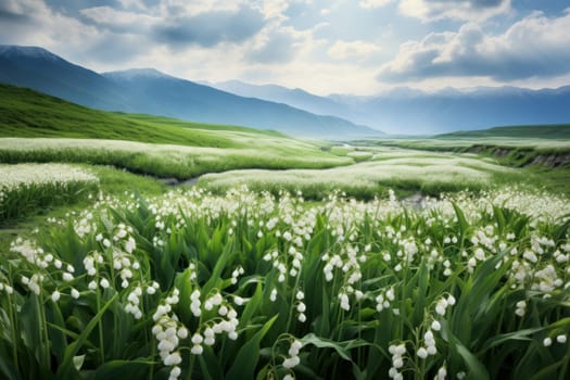 Lily valley blooming field. Season flower. Generate Ai