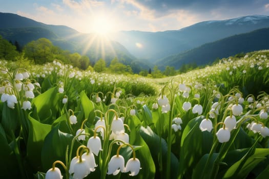 Enchanting Lily valley blooming field. Season flower. Generate Ai