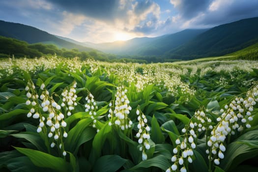 Vibrant Lily valley blooming field. Season flower. Generate Ai