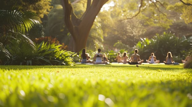 A serene outdoor yoga class in progress, with individuals practicing poses on mats in a lush garden during golden hour. AIG41