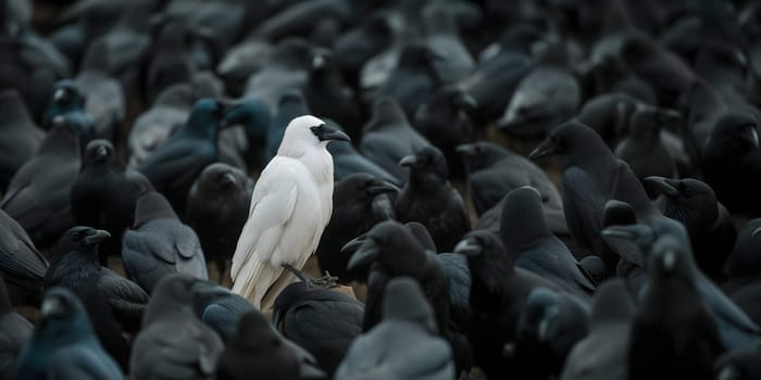 A white crow among many black crows. Neural network generated image. Not based on any actual scene or pattern.