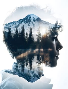 A mesmerizing double exposure capturing the mans head blending with the majestic mountain, trees, and sky, creating a unique natural landscape fusion