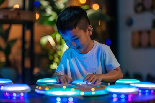 A young boy smiles as he interacts with a smart musical table, surrounded by a colorful glow. The excitement of creating music is reflected in his expression and the vibrant lights.