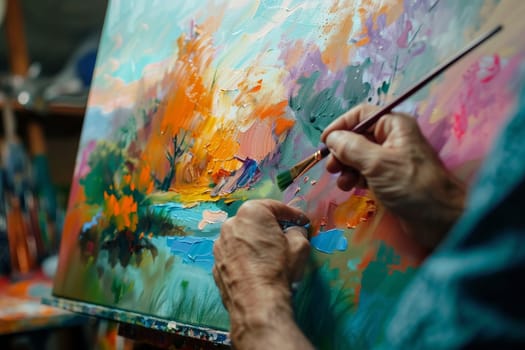 An artist meticulously applies strokes of vivid color to a large canvas, creating a mesmerizing abstract painting. Sunlight highlights the texture and depth of the vibrant hues