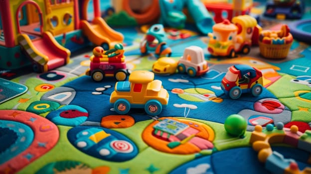 A vibrant display of educational toys arranged on a playmat, designed to stimulate learning. The toys offer a variety of shapes and colors to engage young minds