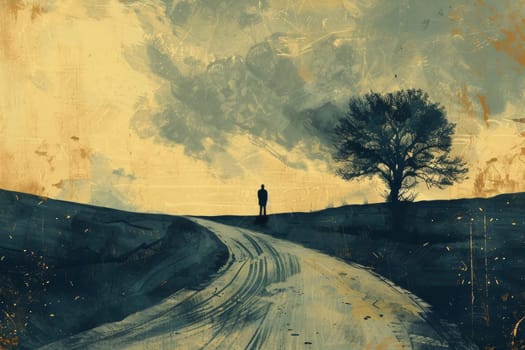 A lone figure stands at a crossroads on a desolate landscape, contemplating the divergent paths under a vast, textured sky. The artwork symbolizes choice and the uncertainty of the future.