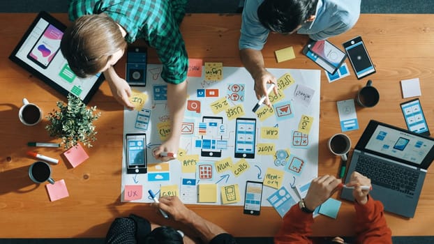 Top view of developer team sharing idea of Ux Ui design by using mind map. Top down view of group of business people working together to brainstorm or plan mobile phone interface app. Convocation.