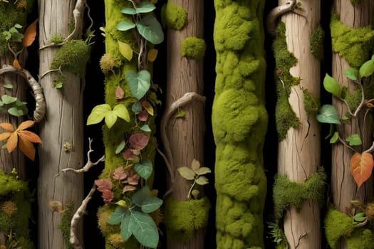 background of green moss on old wood. AI generated image.