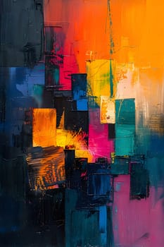 Vibrant tints and shades swirl together in an abstract painting with an orange sky and azure art paint on a dark background, creating a colorful masterpiece in the shape of a rectangle