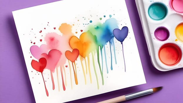 watercolor painted rainbow colors hearts, generative ai. High quality photo