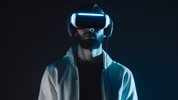 man in a glowing vr glasses, generative ai. High quality photo
