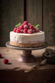 Raspberries cheesecakes on a dark background