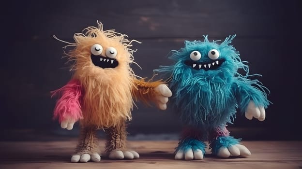 two funny fluffy toy monsters, generative ai. High quality photo