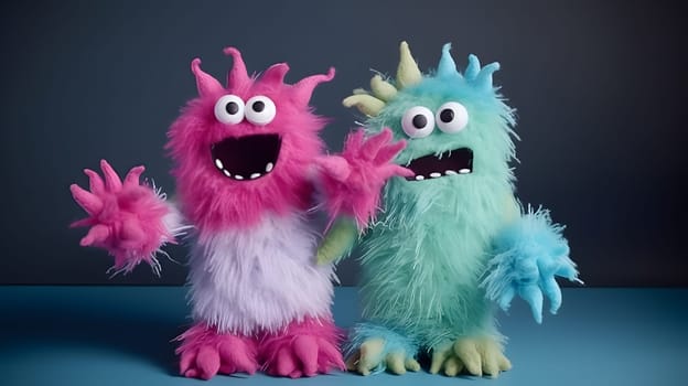 two funny fluffy toy monsters, generative ai. High quality photo