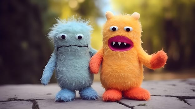 two funny fluffy toy monsters, generative ai. High quality photo