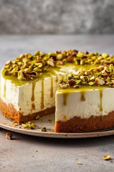 A pistachio-topped cheesecake with caramel drizzle on a plate.