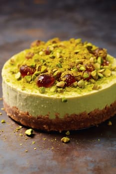 Luscious green pistachio cheesecake topped with whole cherries and chopped nuts