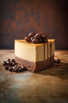 A delectable layered chocolate and coffee cheesecake adorned with coffee beans.