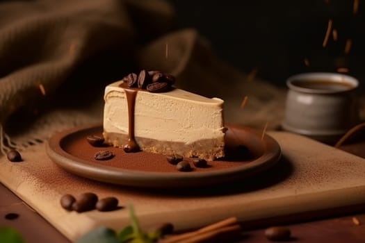 A slice of creamy cheesecake with coffee beans on a rustic plate.