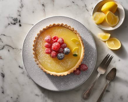 Citrus tart topped with fresh raspberries and dusted with powdered sugar on marble surface.