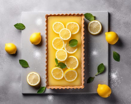 Lemon tart with fresh slices and mint on a square plate, overhead view.