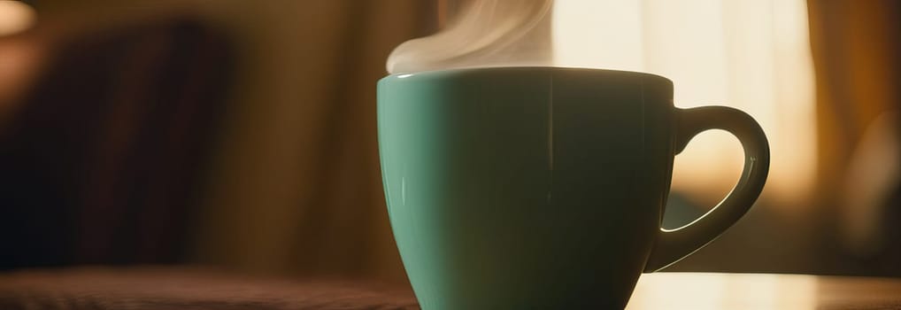 Steaming cup of tea being poured into waiting cup sitting gracefully on wooden table, capturing essence of morning rituals. Rich aroma fills air, promising moment of warmth. Calming moment in busy day