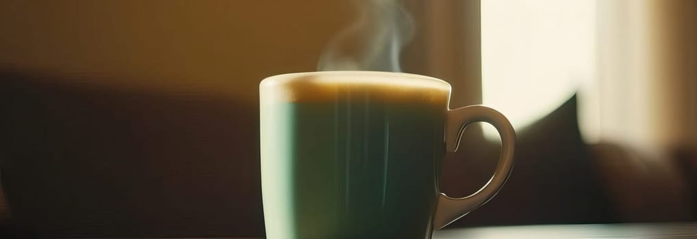 Steaming cup of tea being poured into waiting cup sitting gracefully on wooden table, capturing essence of morning rituals. Rich aroma fills air, promising moment of warmth. Calming moment in busy day