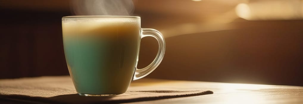 Steaming cup of tea being poured into waiting cup sitting gracefully on wooden table, capturing essence of morning rituals. Rich aroma fills air, promising moment of warmth. Calming moment in busy day