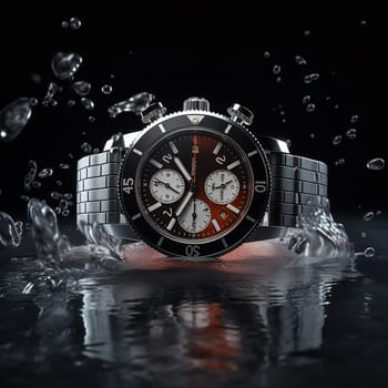 Chronograph wristwatch with water splashes on dark background