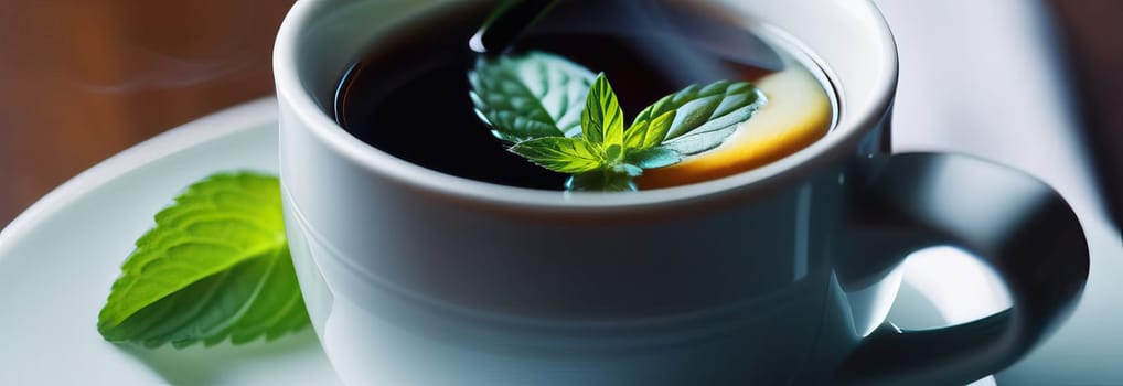 Soothing cup of tea with fresh mint leaves, placed elegantly on rustic wooden table, invoking sense of calm and relaxation. Cup of tea infused with lemon and aromatic mint leaves, blend of flavors