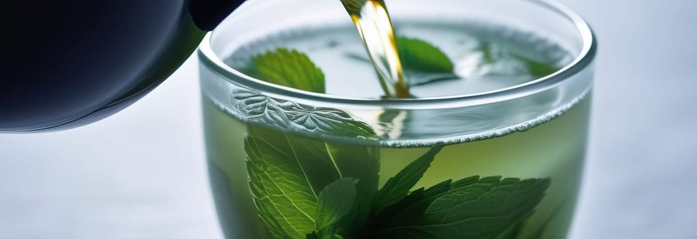 Soothing cup of tea with fresh mint leaves, placed elegantly on rustic wooden table, invoking sense of calm and relaxation. Cup of tea infused with lemon and aromatic mint leaves, blend of flavors