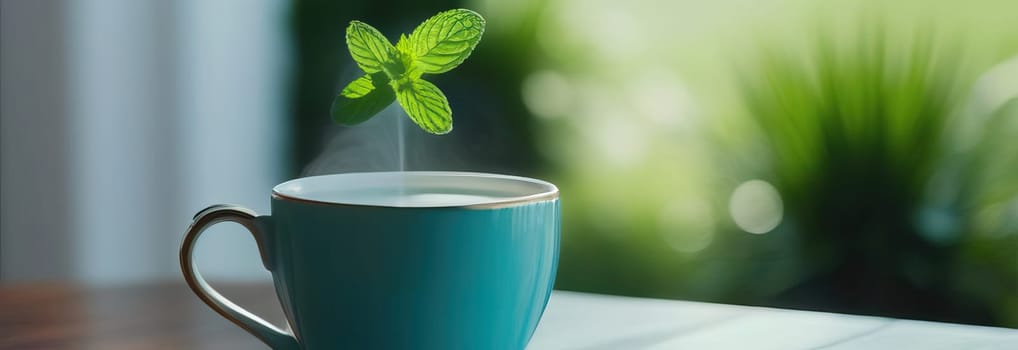 Soothing cup of tea with fresh mint leaves, placed elegantly on rustic wooden table, invoking sense of calm and relaxation. Cup of tea infused with lemon and aromatic mint leaves, blend of flavors