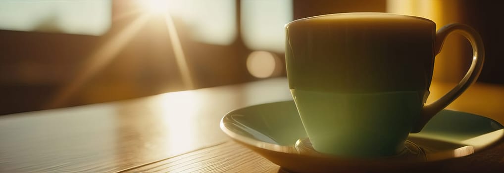 Soothing cup of tea with fresh mint leaves, placed elegantly on rustic wooden table, invoking sense of calm and relaxation. Cup of tea infused with lemon and aromatic mint leaves, blend of flavors