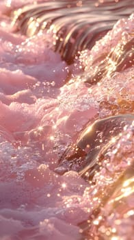 A close up of a dish overflowing with magenta water resembling a pink waterfall, with bubbles like celestial objects floating in a cloudlike pattern