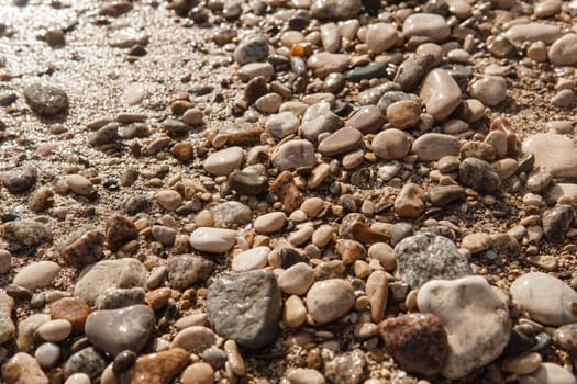 Pebbles on the seashore, close-up. Natural background