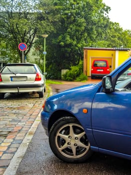 Small blue car vehicle parked in Leherheide Bremerhaven Bremen Germany.