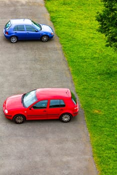 Parked cars Vehicles from above in Überseehafen overseas port Bremerhaven Bremen Germany.