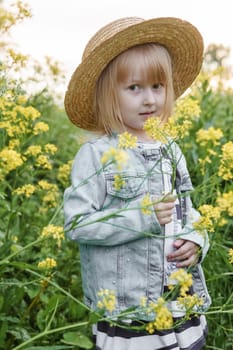 Blonde girl in a field with yellow flowers. A girl in a straw hat is picking flowers in a field. A field with rapeseed