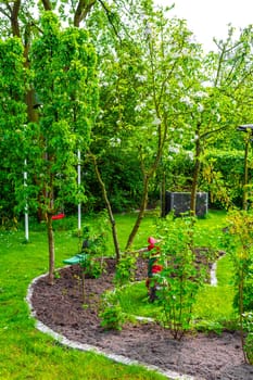 Green Garden with trees plants hut compost beds lawn and barbecue area in Leherheide Bremerhaven Bremen Germany.