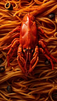 A vibrant image showcasing a cooked crayfish atop a bed of spaghetti intermixed with olives.