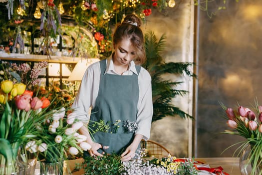 A woman in her florist shop collects bouquets of flowers. The concept of a small business. Bouquets of tulips for the holiday on March 8