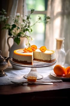 A luscious cheesecake topped with orange slices beside a window.