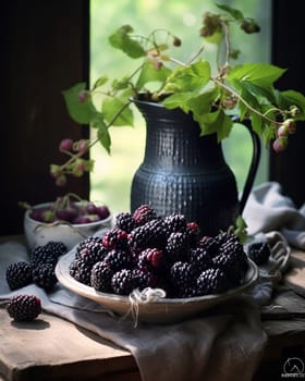 A picturesque display of ripe blackberries on a plate with a vase and foliage.