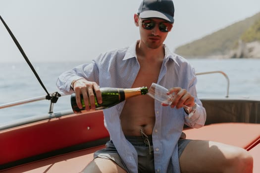 Portrait of one young Caucasian guy in a cap, sunglasses with an unbuttoned shirt sits on the stern of a boat and pours champagne into a glass while sailing on the sea on a sunny summer day, close-up side view.