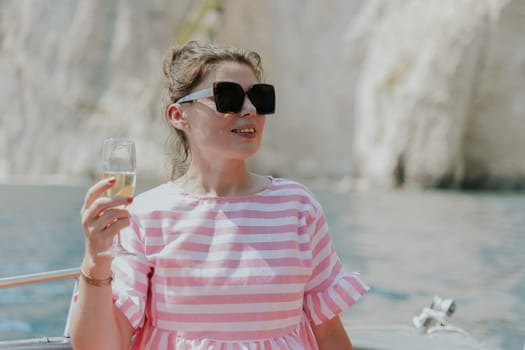 Portrait of one young Caucasian beautiful girl in sunglasses, a pink dress sits on the stern of a boat, holds a glass of champagne in her hand, looks to the side with a happy smile and enjoys sailing on the sea on a private boat on a sunny summer day, close-up side view.