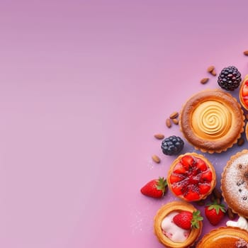 Assorted sweet pastries with fresh berries on a pink background.