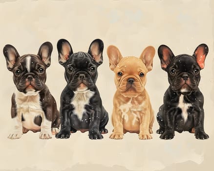 Four French Bulldogs, a small toy dog breed known for their distinctive batlike ears and fawn coat color, are sitting next to each other on a white background