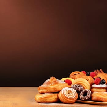 Assorted pastries with berries on a wooden surface against a dark background