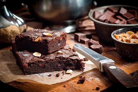 Moist chocolate brownies with nuts on a wooden surface, rustic kitchen setting.