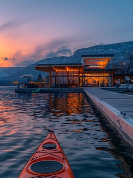 A kayak is moored at a lake dock under a colorful sunset sky with clouds, surrounded by nature and other boats, creating a serene watercraft scene